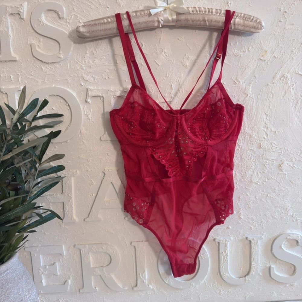 Auden Red glitter laced bodysuit lingerie